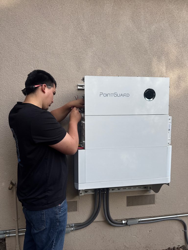 Battery storage system with solar inverter installed for a Los Altos home.