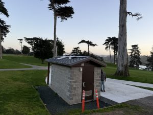 Out building with Broken solar panels  in TPC Harding Park San Francisco, CA