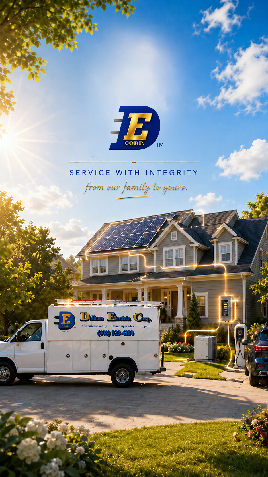 Dollens Electric service truck with residential solar, battery and electrical service imagery.