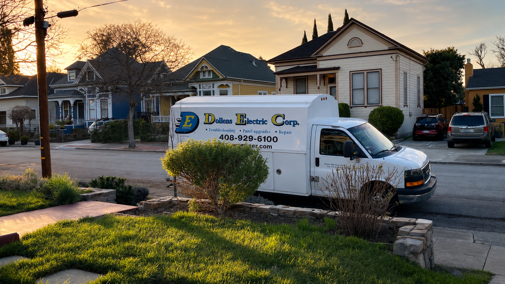 Dollens Electric service truck parked in a San Jose neighborhood for residential electrical and solar service.