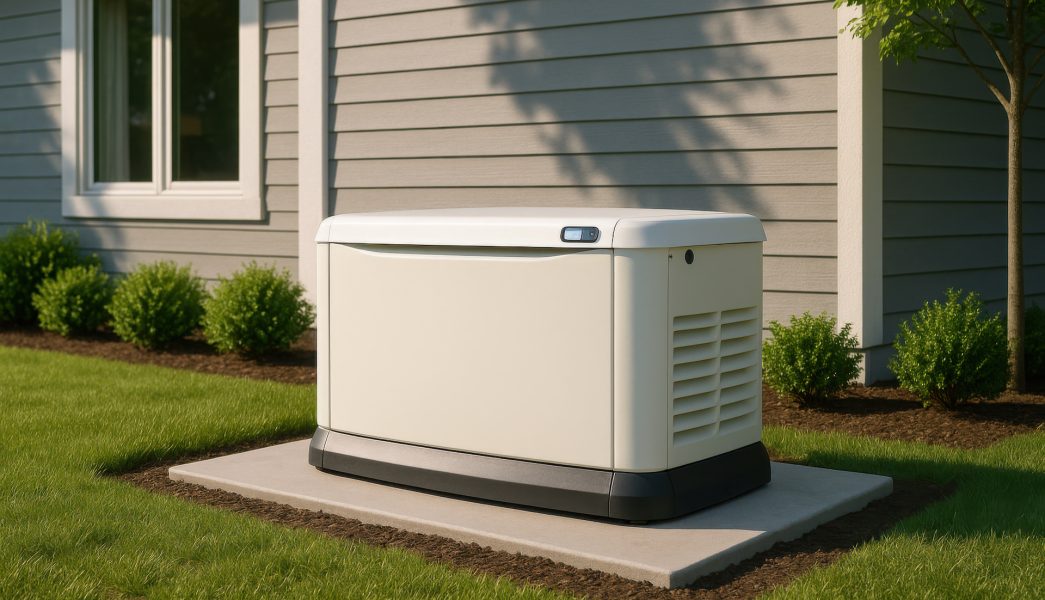 Standby generator providing backup power supply for house during emergency Backup generator installed outside a residential home providing emergency power during outages