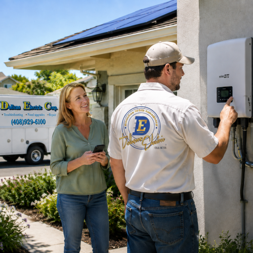 Dollens Electric technician inspecting a residential solar inverter while a relieved homeowner stands nearby at a San Jose home with rooftop solar panels.